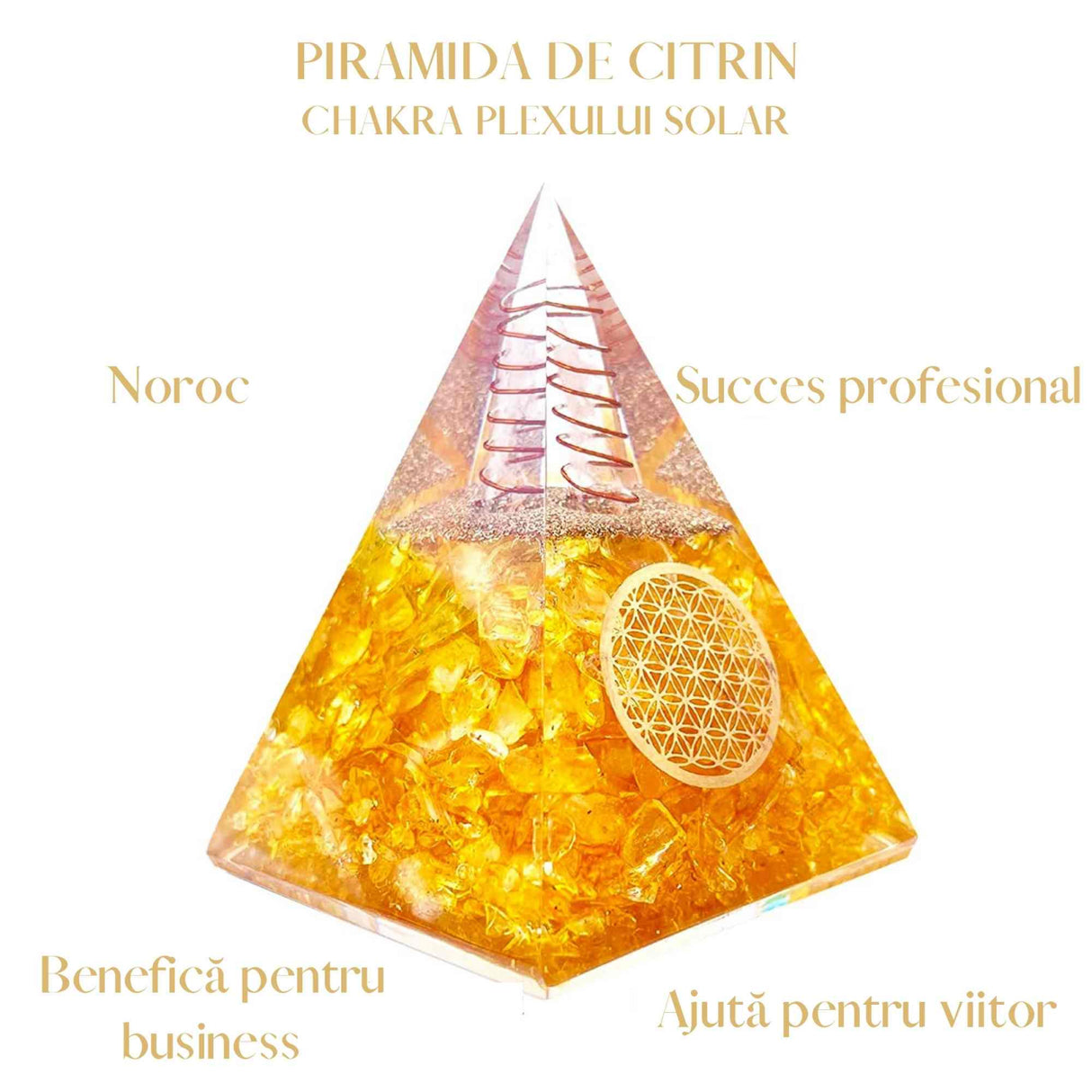 Piramida Orgonica cu Citrin si simbolul floarea vietii 8 cm – pentru intelepciune, bogatie si succes