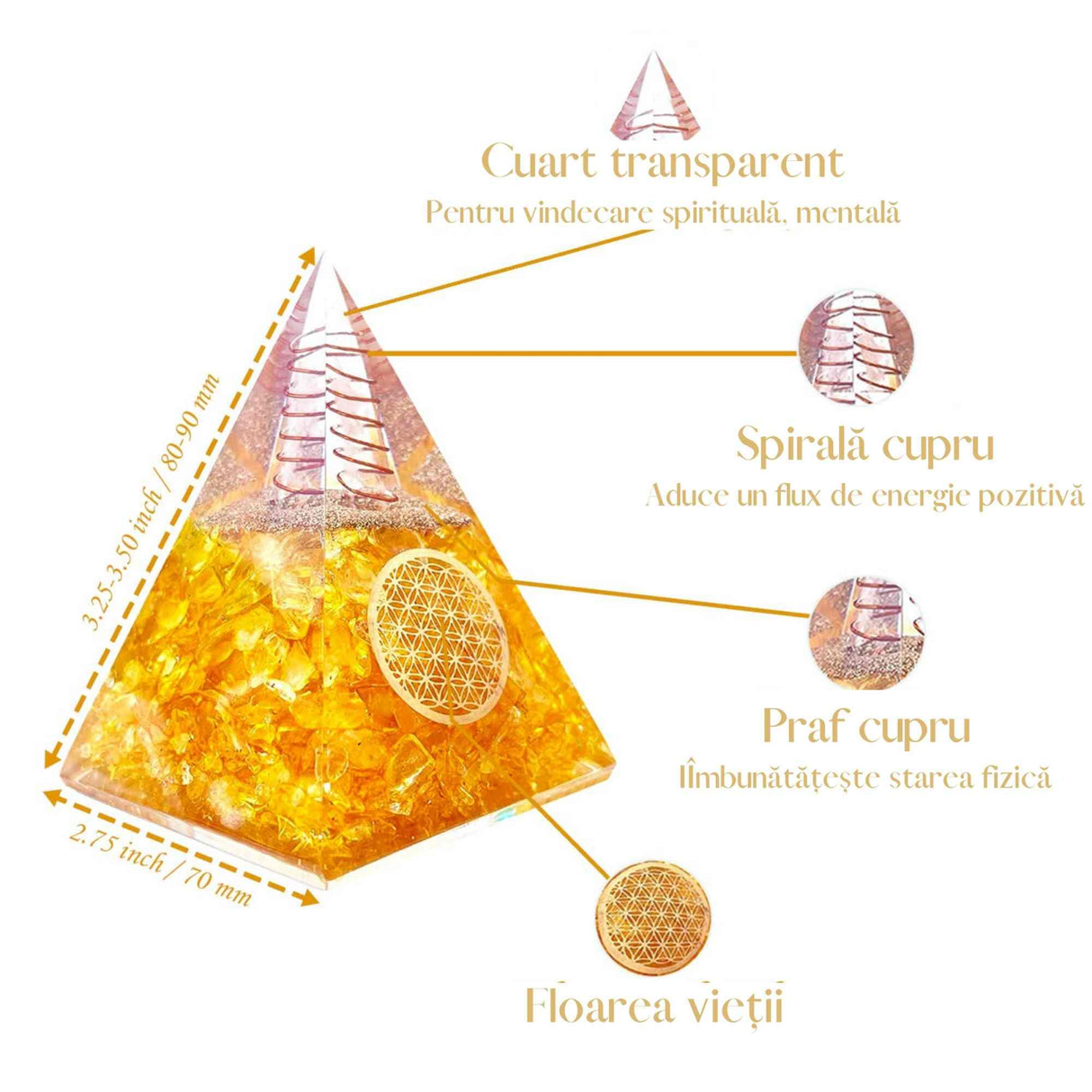 Piramida Orgonica cu Citrin si simbolul floarea vietii 8 cm – pentru intelepciune, bogatie si succes