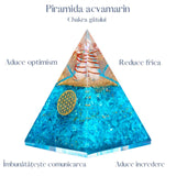 Piramida Orgonica cu cristal Acvamarin si simbolul floarea vietii 8 cm – pentru energie pozitiva, curaj, eliminarea fricii si a stresului