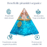 Piramida Orgonica cu cristal Acvamarin si simbolul floarea vietii 8 cm – pentru energie pozitiva, curaj, eliminarea fricii si a stresului