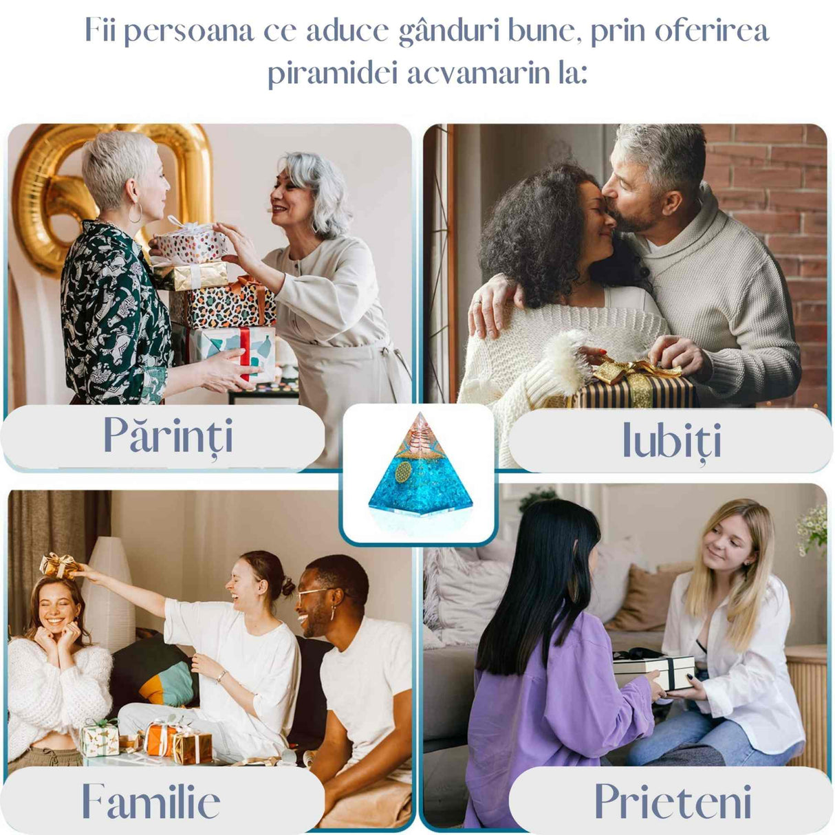 Piramida Orgonica cu cristal Acvamarin si simbolul floarea vietii 8 cm – pentru energie pozitiva, curaj, eliminarea fricii si a stresului