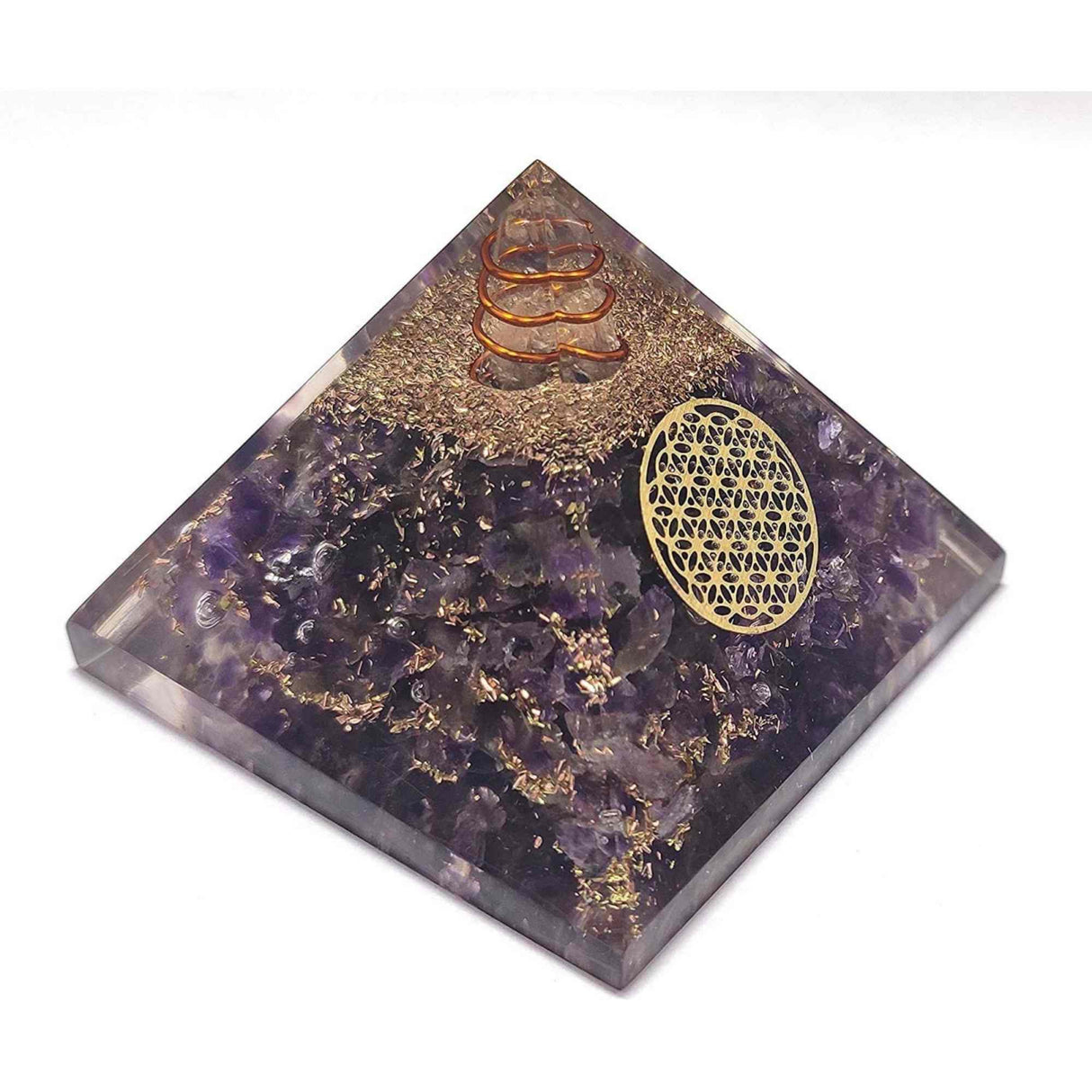 Piramida Orgonica cu cristal Ametist si simbolul floarea vietii 8 cm – Pentru energie, vindecarea reiki, echilibrarea chakrelor