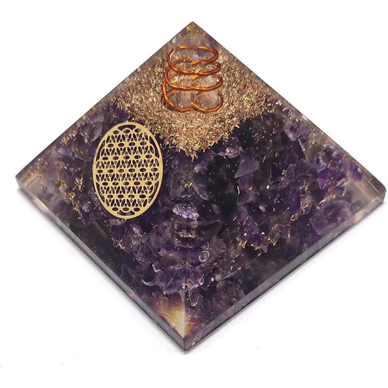 Piramida Orgonica cu cristal Ametist si simbolul floarea vietii 8 cm – Pentru energie, vindecarea reiki, echilibrarea chakrelor