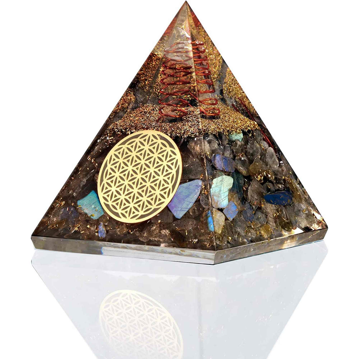 Piramida Orgonica cu cristale Labradorit si simbolul floarea vietii 8 cm – pentru dezvoltare spirituala si emotionala