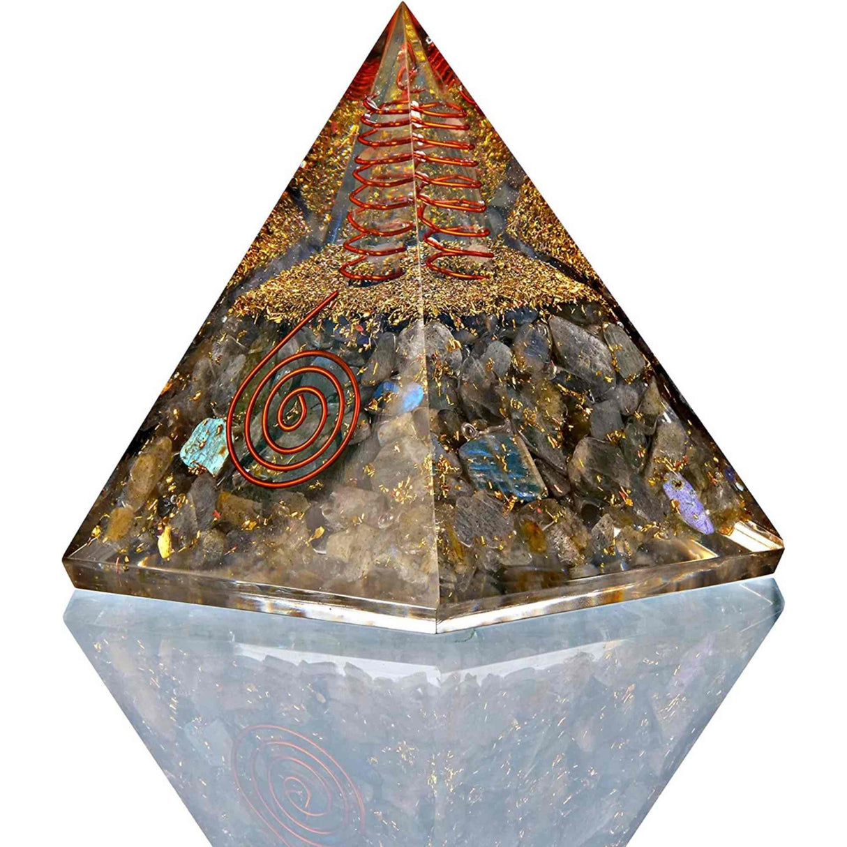 Piramida Orgonica cu cristale Labradorit si simbolul floarea vietii 8 cm – pentru dezvoltare spirituala si emotionala