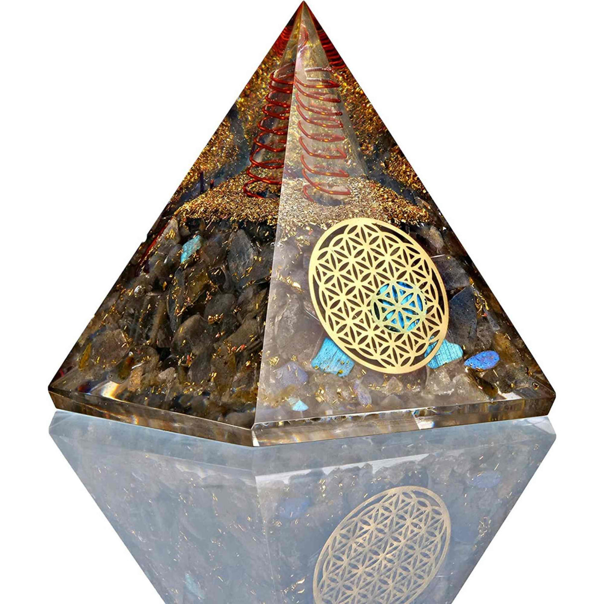 Piramida Orgonica cu cristale Labradorit si simbolul floarea vietii 8 cm – pentru dezvoltare spirituala si emotionala