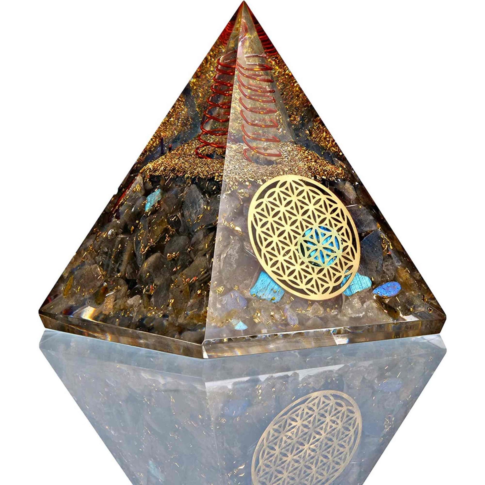 Piramida Orgonica cu cristale Labradorit si simbolul floarea vietii 8 cm – pentru dezvoltare spirituala si emotionala