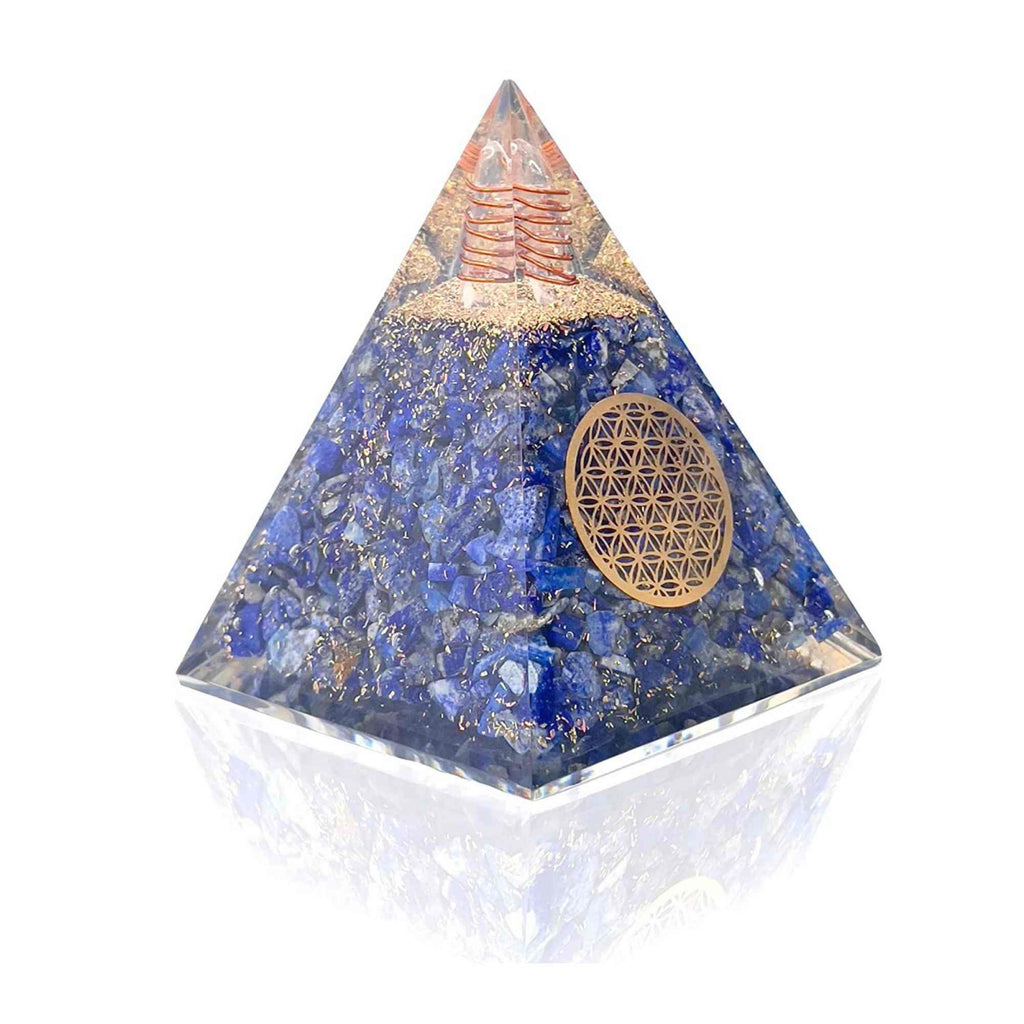 Piramida Orgonica cu cristale Lapis Lazuli si simbolul floarea vietii 8 cm – pentru intelepciune, armonie, onestitate si constientizare de sine
