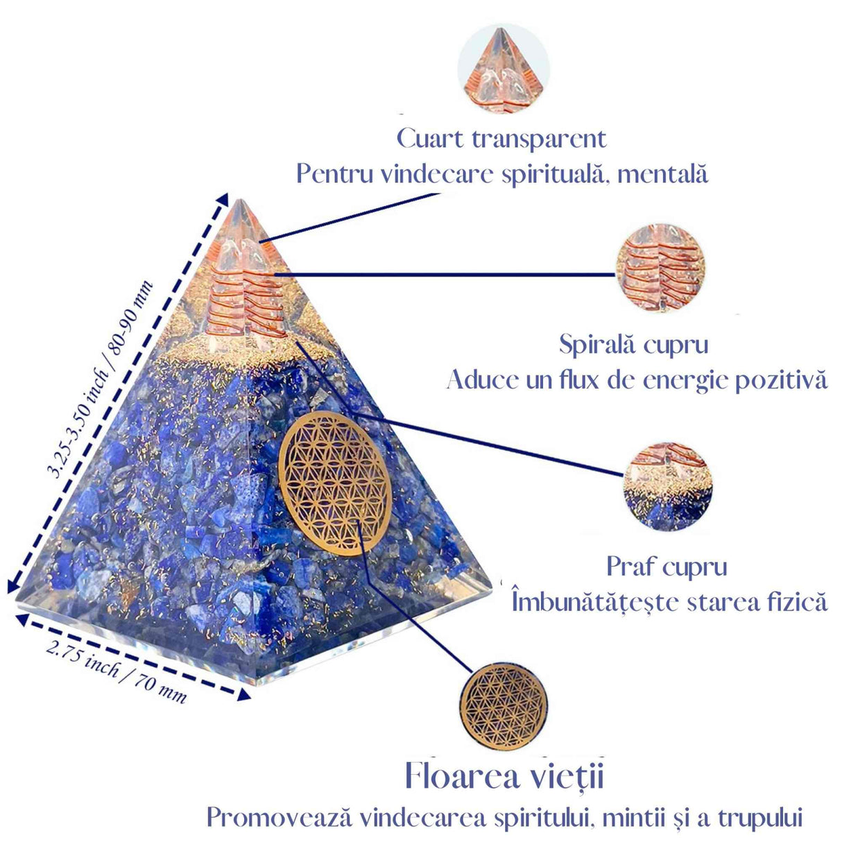 Piramida Orgonica cu cristale Lapis Lazuli si simbolul floarea vietii 8 cm – pentru intelepciune, armonie, onestitate si constientizare de sine