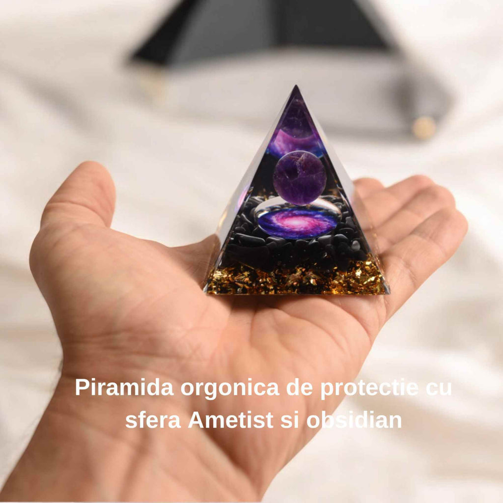 Piramida Orgonica 6 cm cu Ametist si Obsidian