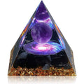 Piramida Orgonica cu cristale vindecatoare de Ametist, Obsidian, foita de aur, rasina naturala si sfera din cristal ametist 8 cm – pentru energie pozitiva si reducerea stresulu.