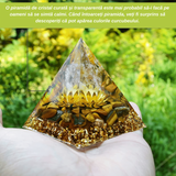 Piramida Orgonica cu cristale vindecatoare Ochi de Tigru, floare de lotus si sfera din cristal transparent 8 cm – Promoveaza bogatia, prosperitatea si atrage succesul
