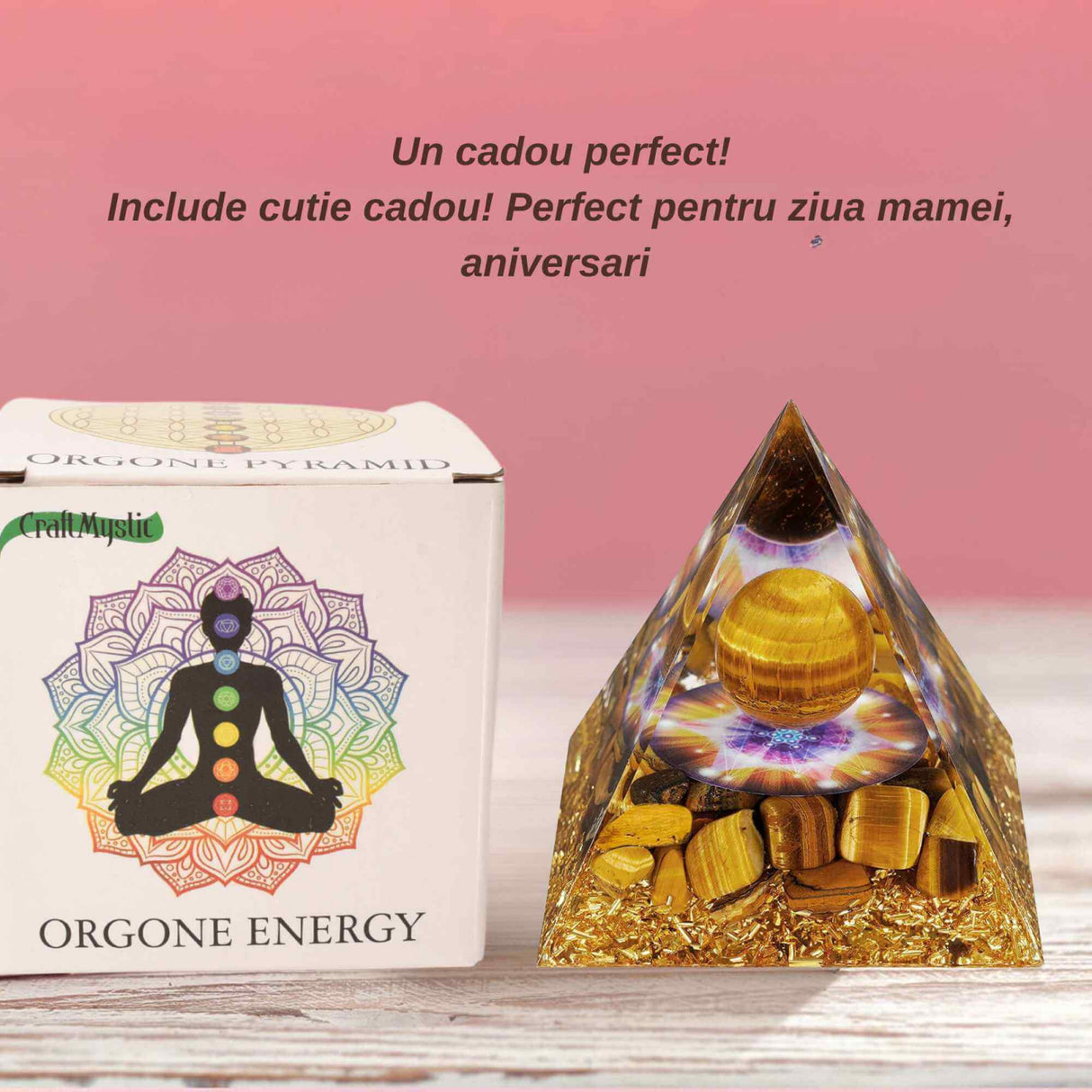 Piramida Orgonica 8 cm cu Sfera si cristale Ochi de Tigru: Atrage Abundenta si Energie Pozitiva in Viata Ta