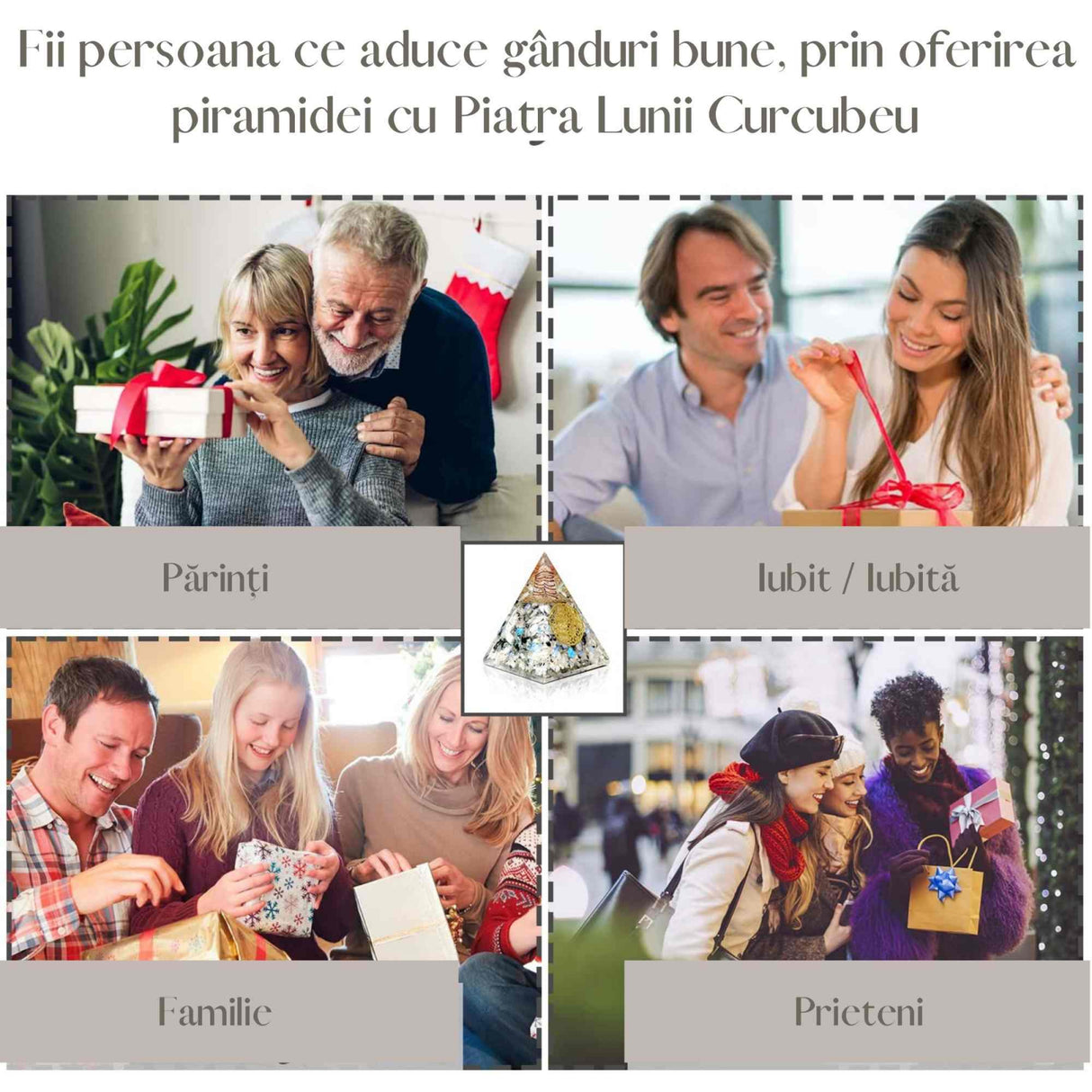 Piramida Orgonica cu Piatra lunii curcubeu si simbolul floarea vietii 8 cm – incurajeaza speranta, sensibilitatea, intuitia si abilitatile psihice