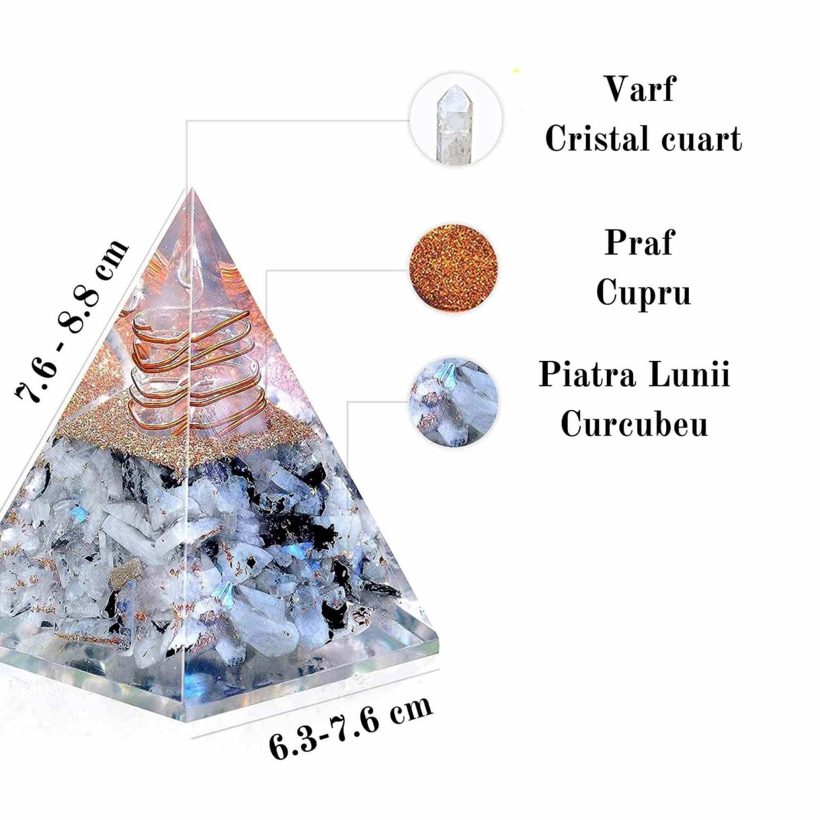 Piramida Inspirationala Orgonica pentru Succes | Piramida Orgone din Piatra Lunii Curcubeu - Liniste – Dezvoltare – Putere