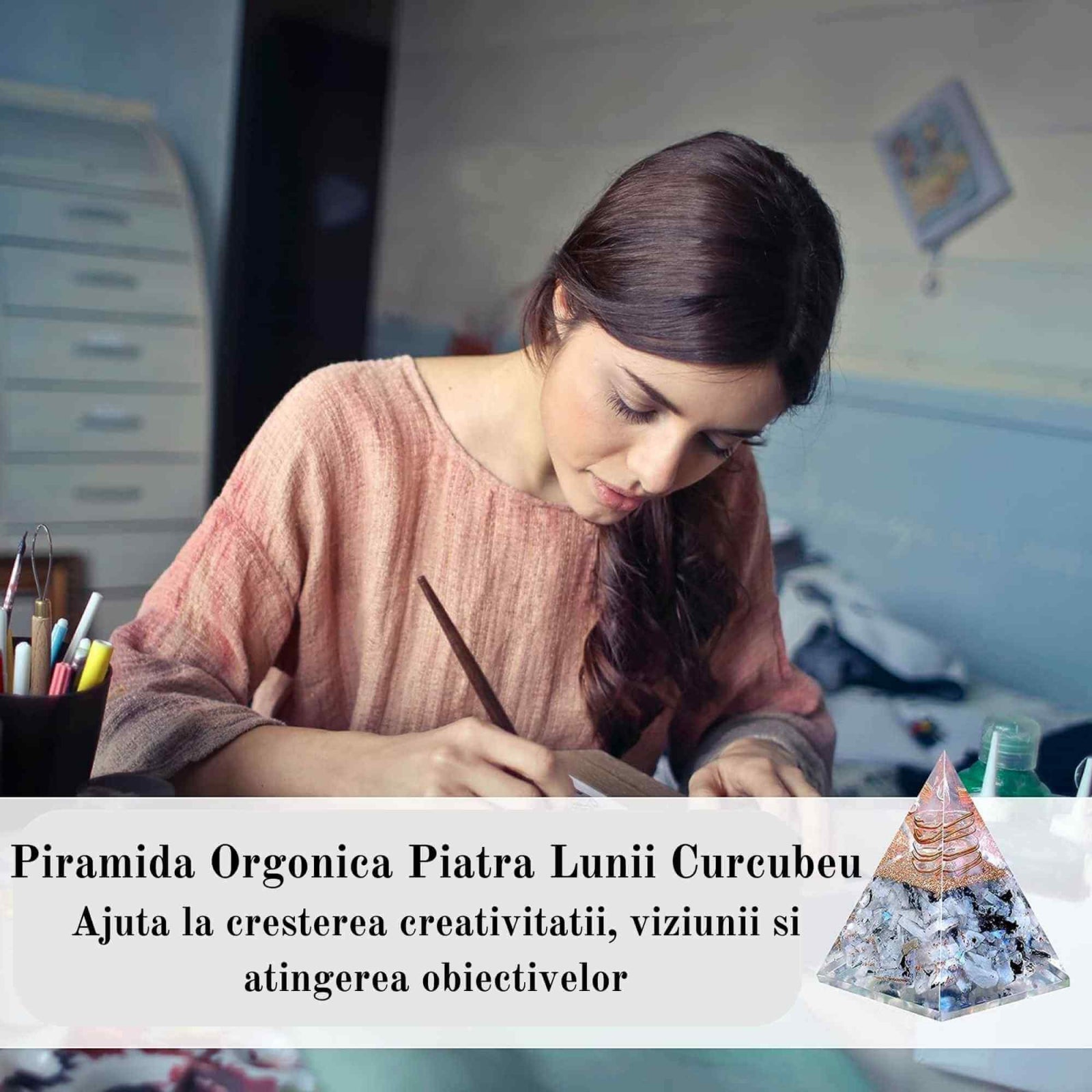 Piramida Inspirationala Orgonica pentru Succes | Piramida Orgone din Piatra Lunii Curcubeu - Liniste – Dezvoltare – Putere