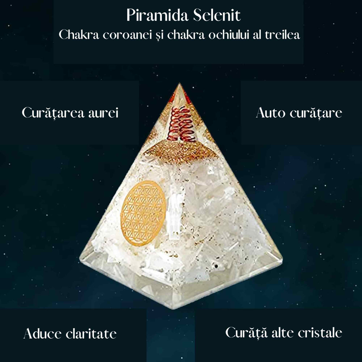 Piramida orgonica cu selenit si simbolul floarea vietii 8 cm – pentru curatarea energiei negative, pace, calm si energie pozitiva