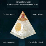 Piramida orgonica cu selenit si simbolul floarea vietii 8 cm – pentru curatarea energiei negative, pace, calm si energie pozitiva