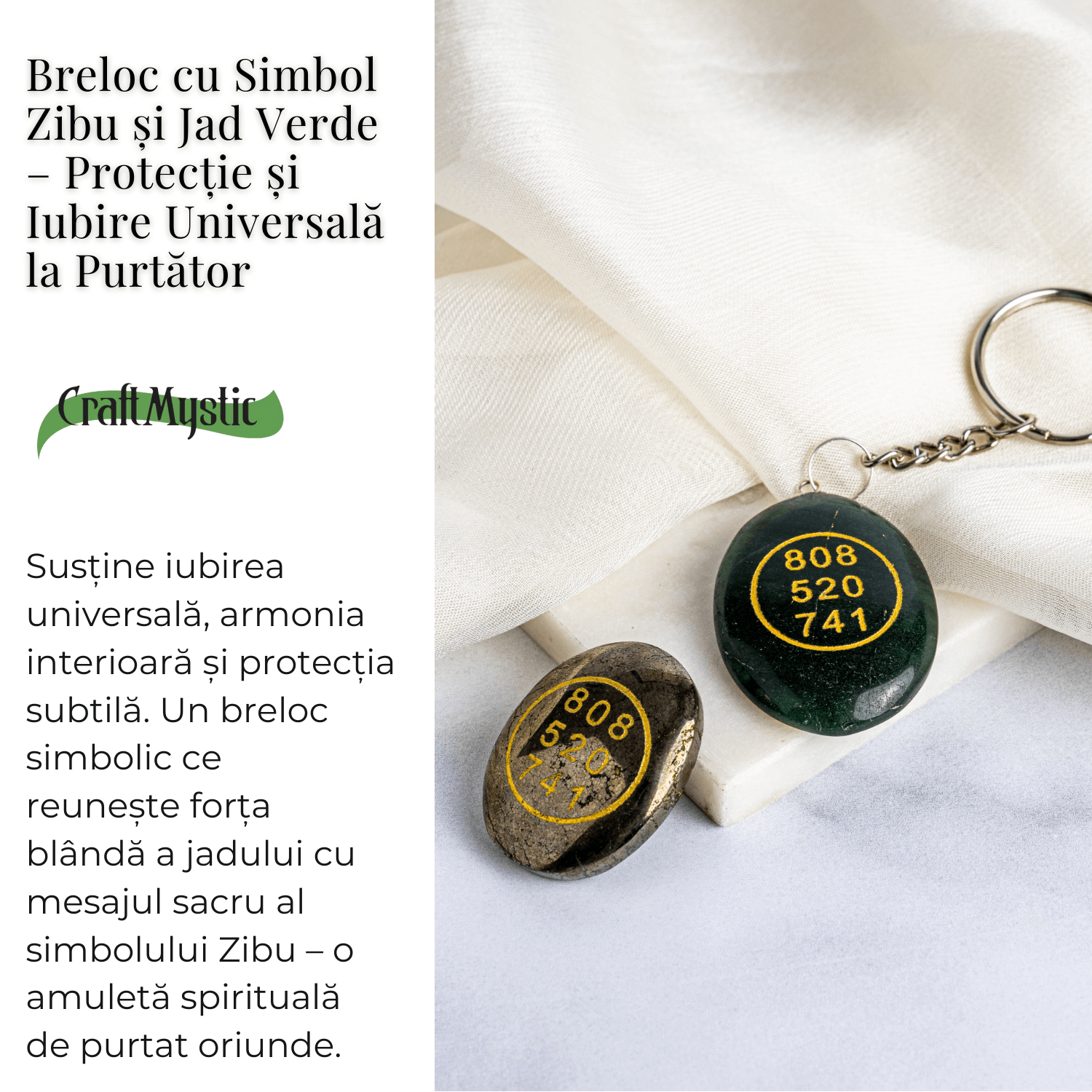 Breloc cu simbol Zibu si jad verde – Protectie si iubire universala la purtator