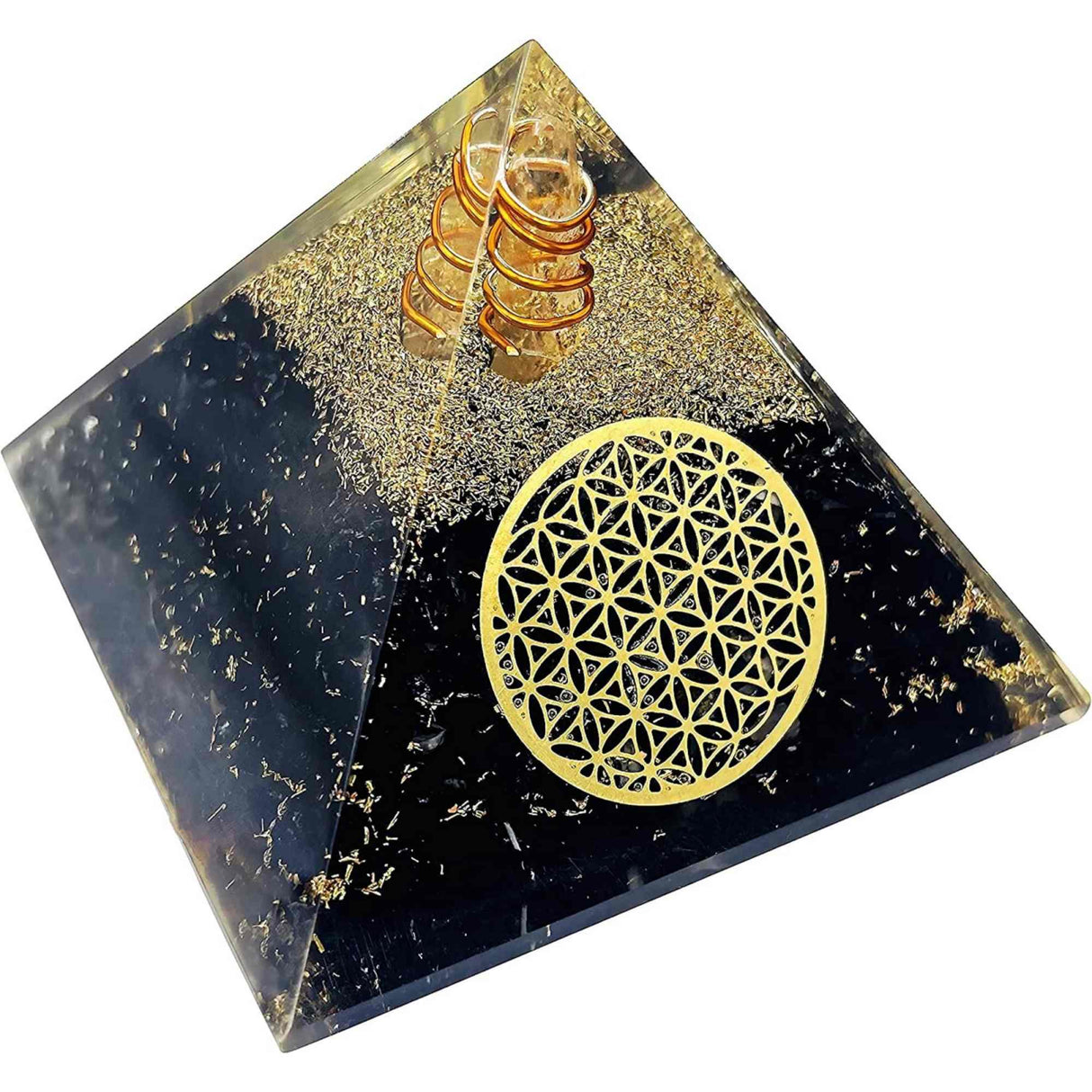 Piramida Orgonica cu Turmalina neagra si simbolul floarea vietii 8 cm – pentru meditatie si trezirea spiritualitatii si a abilitatilor interioare
