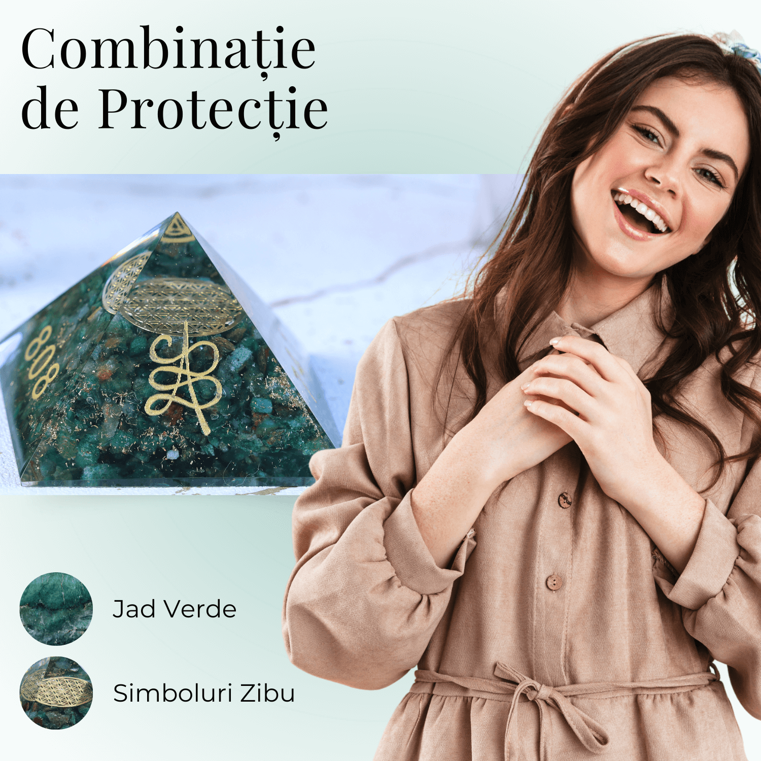 Piramida orgonica cu simboluri Zibu cu Jad verde - Prosperitate
