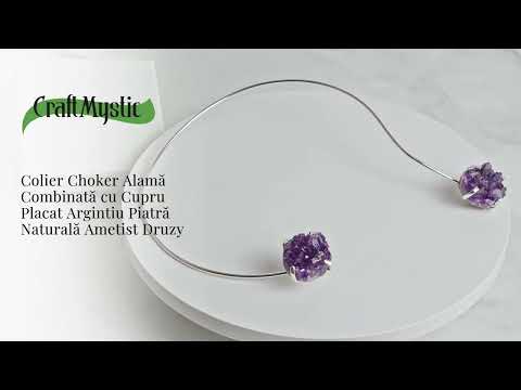 Colier Choker Argintiu cu Piatra Naturala Ametist Druzy