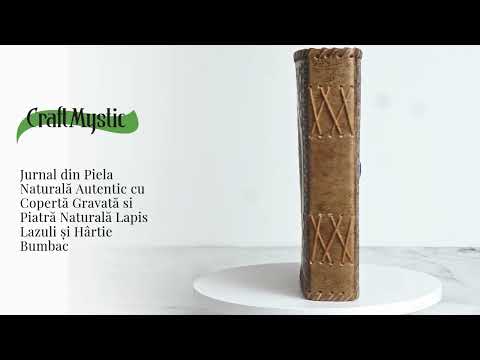 Jurnal din piela naturala autentic cu coperta gravata si piatra naturala Lapis Lazuli si hartie bumbac