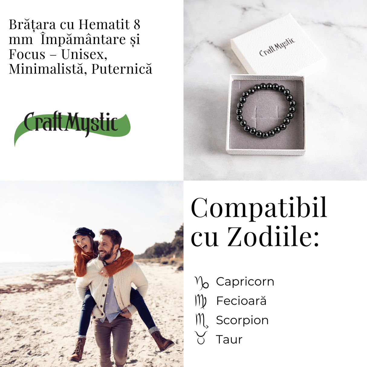 Bratara cu Hematit 8 mm Impamantare si Focus – Unisex, minimalista, puternica