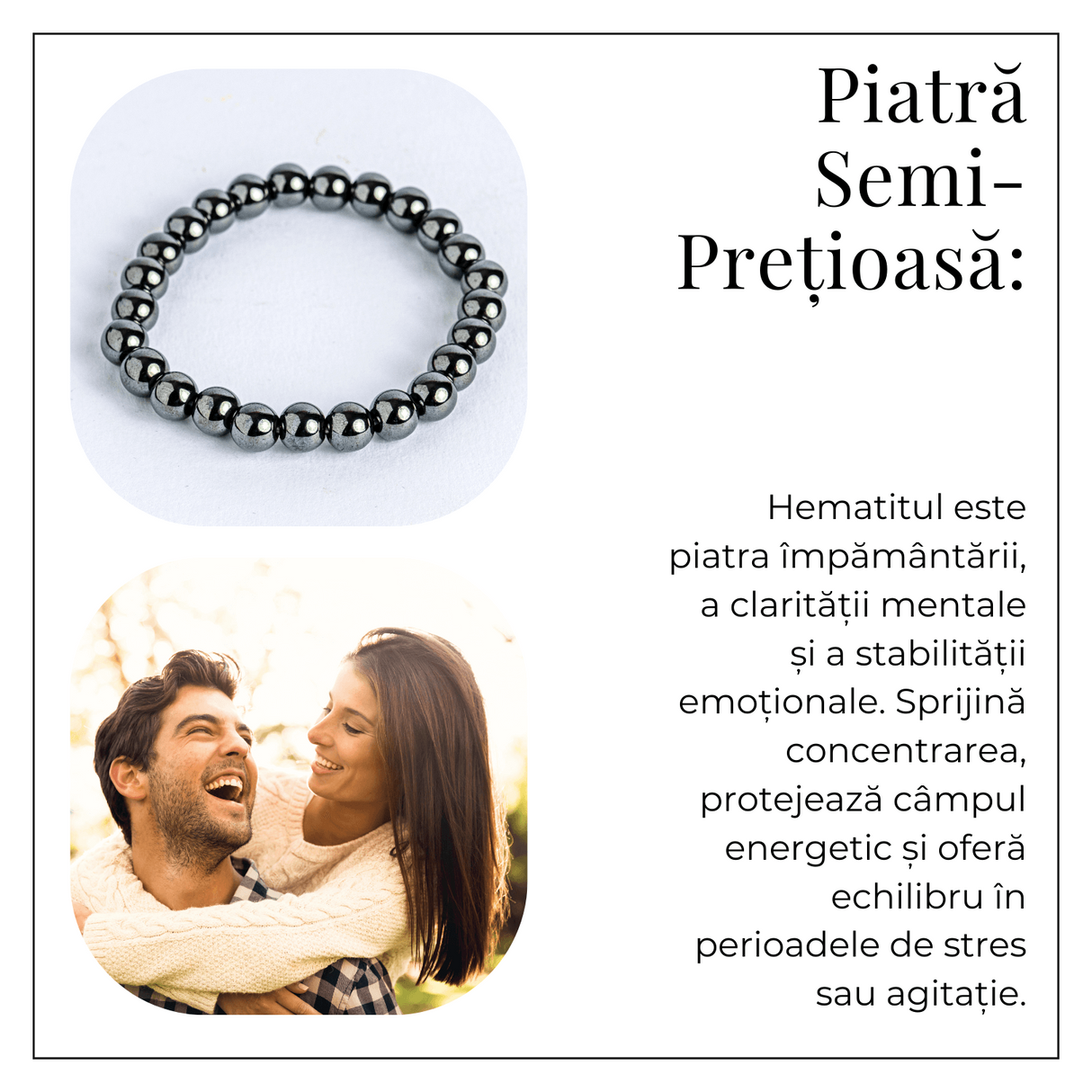 Bratara cu Hematit 8 mm Impamantare si Focus – Unisex, minimalista, puternica
