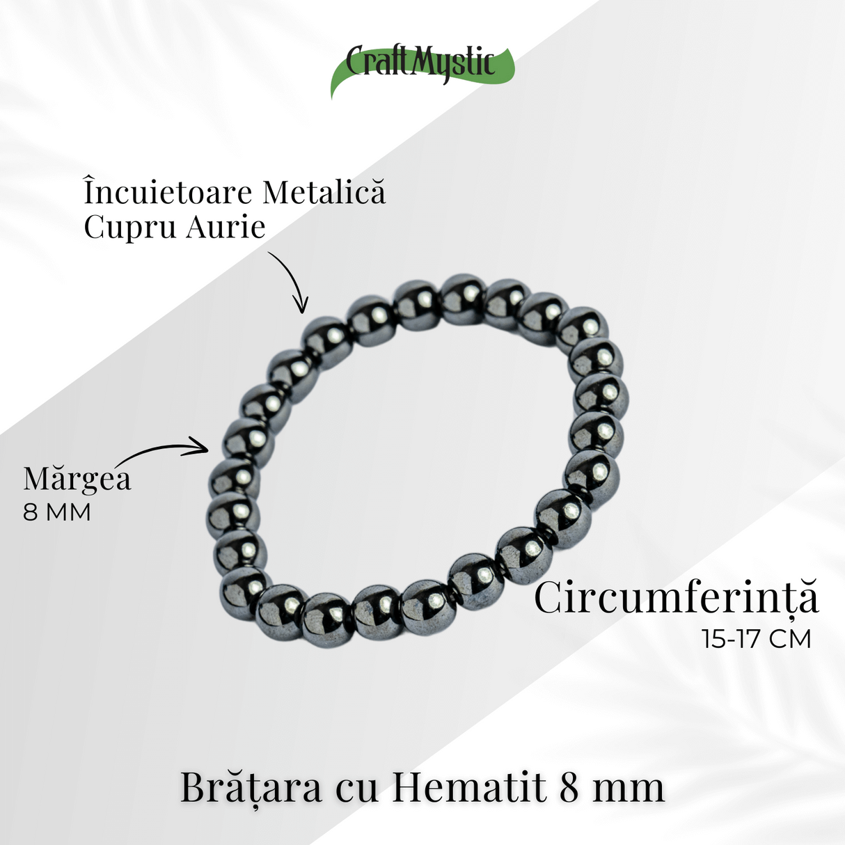Bratara cu Hematit 8 mm Impamantare si Focus – Unisex, minimalista, puternica