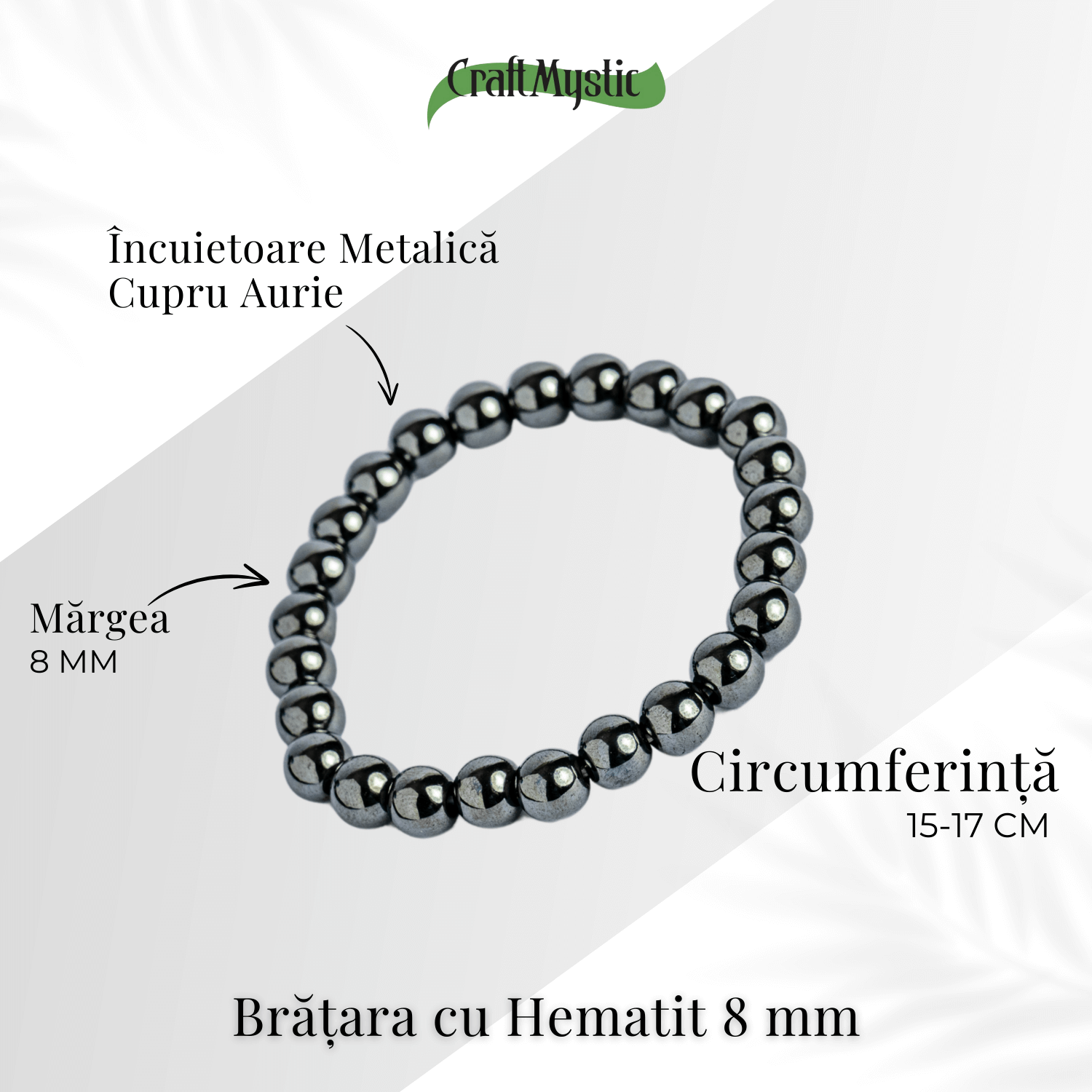 Bratara cu Hematit 8 mm Impamantare si Focus – Unisex, minimalista, puternica