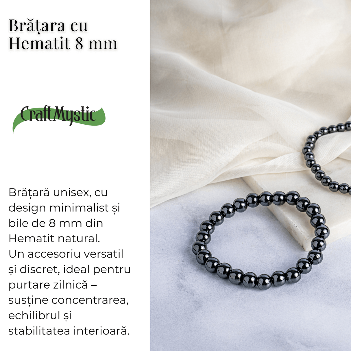 Bratara cu Hematit 8 mm Impamantare si Focus – Unisex, minimalista, puternica