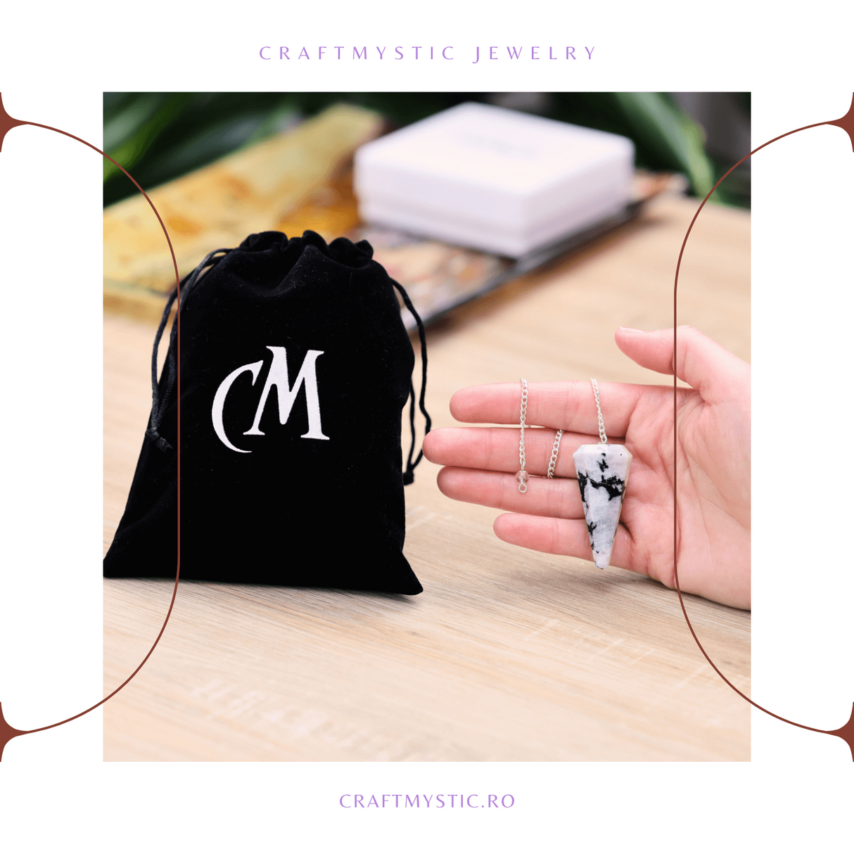 Pendul Radiestezie cu Varf de Piatra Lunii Curcubeu Natural 45 mm