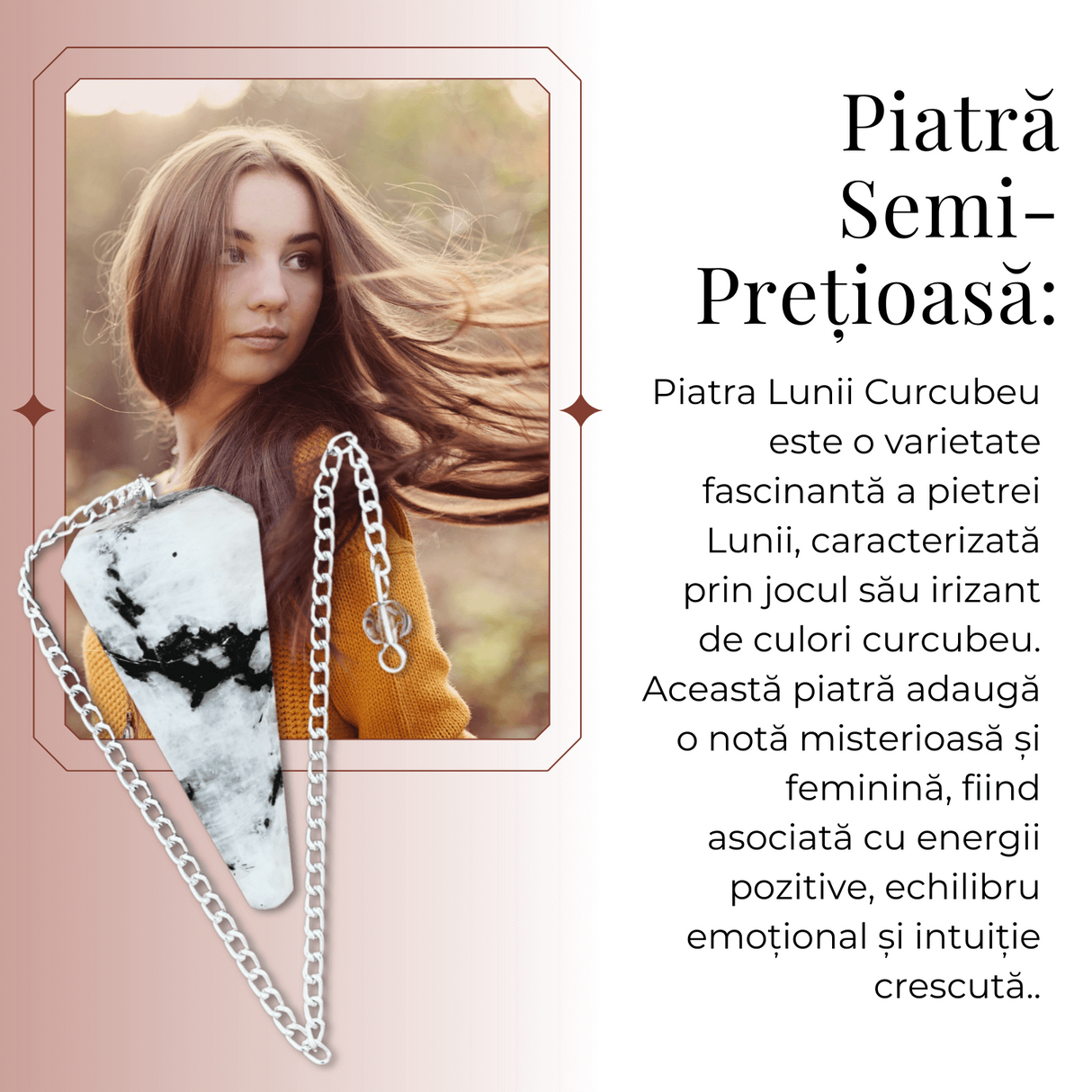 Pendul Radiestezie cu Varf de Piatra Lunii Curcubeu Natural 45 mm