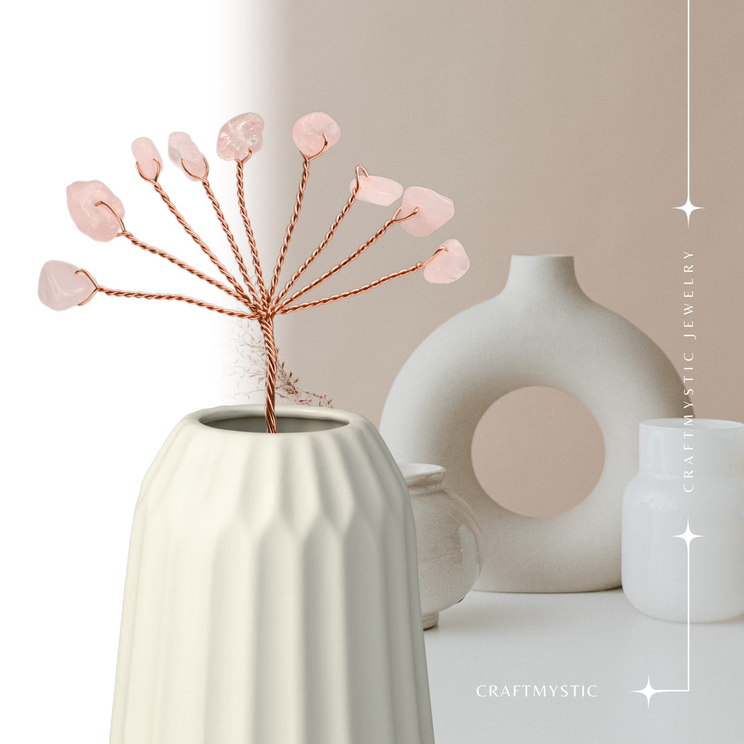 Ramurica Decorativă DIY cu Pietre Naturale Cuart Roz (9 Pietricele)