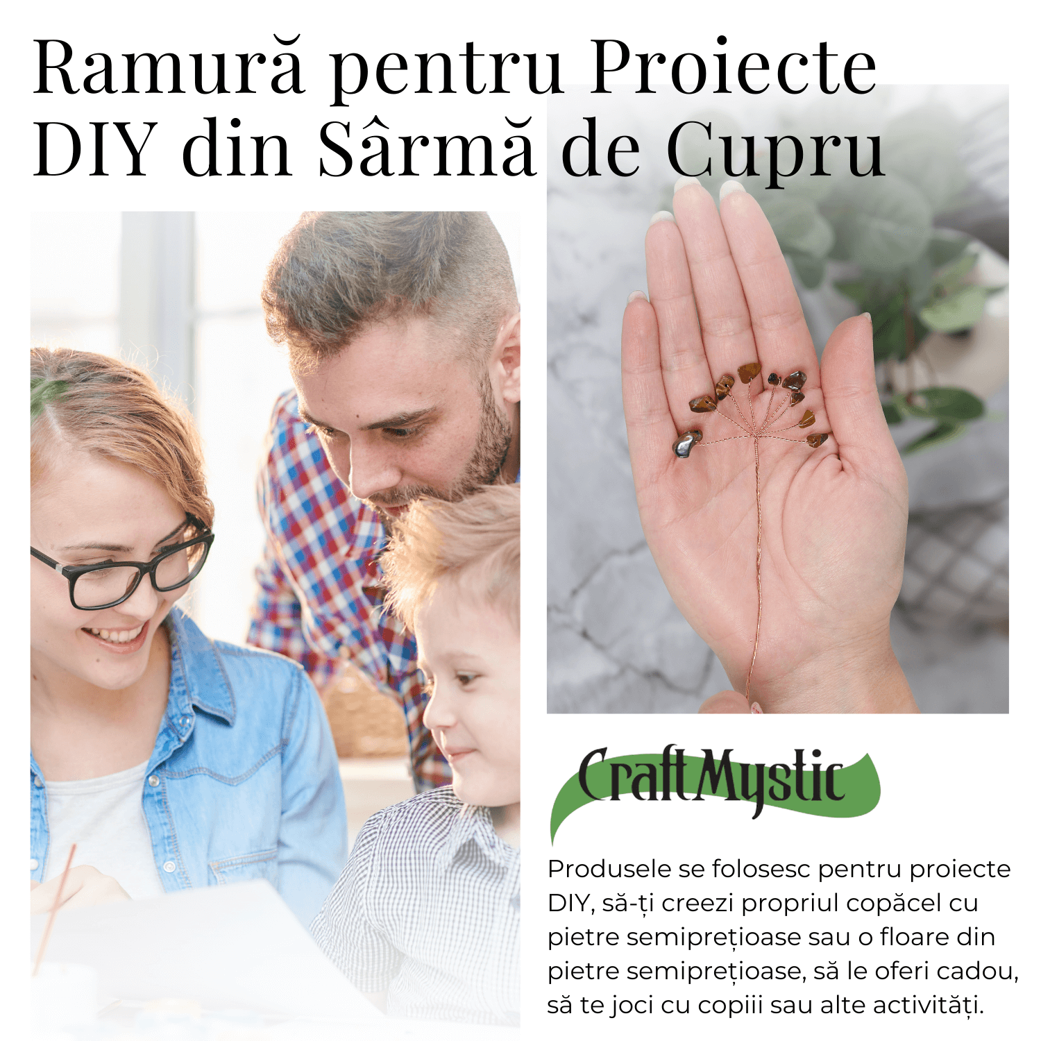 Ramurica Decorativă DIY cu Pietre Naturale Ochi de Tigru (9 Pietricele)