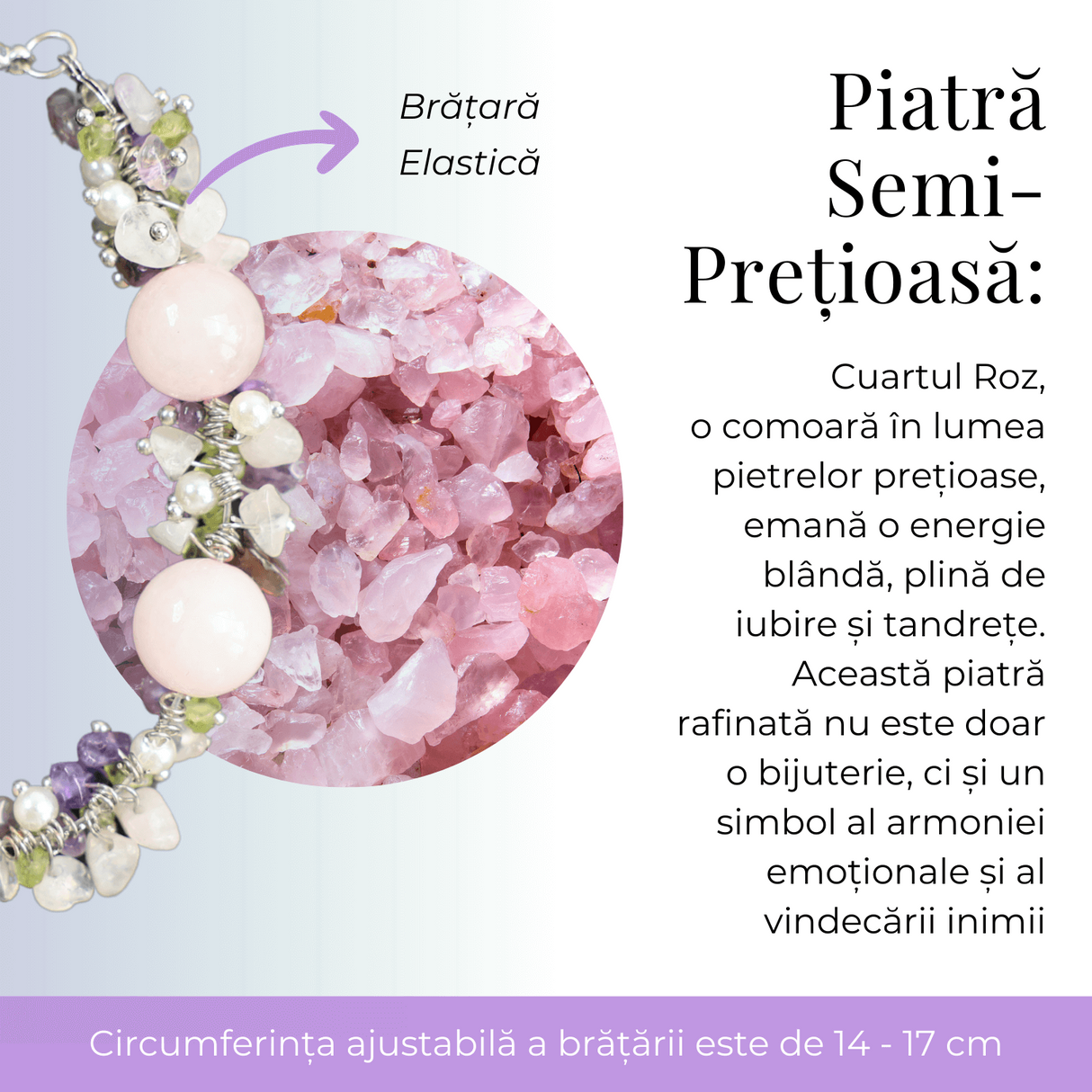 Bratara Ajustabila Cuart Roz 12mm si Pietre Mixte pentru Vindecare