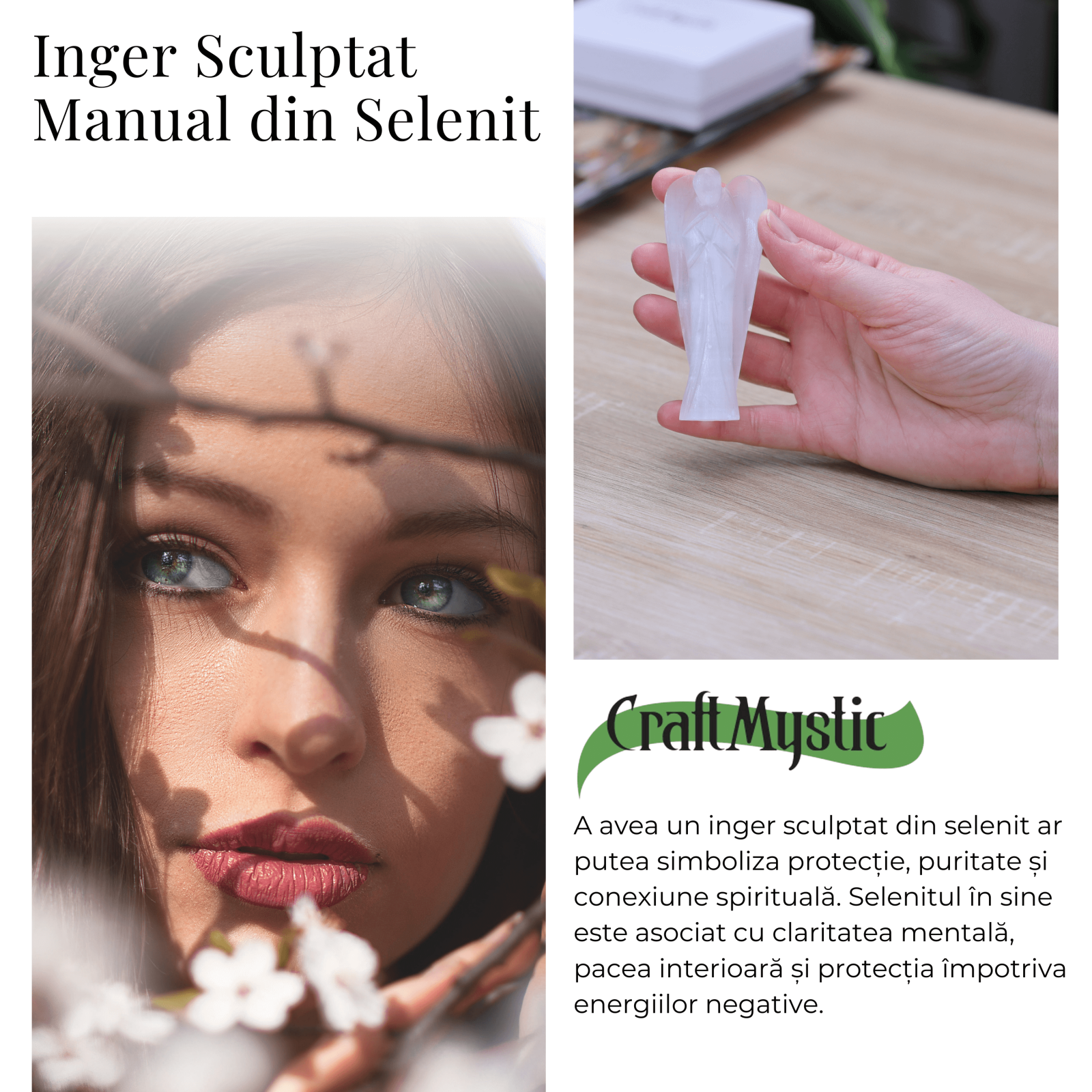 Inger de 80mm Sculptat Manual din Piatra Naturala de Selenit