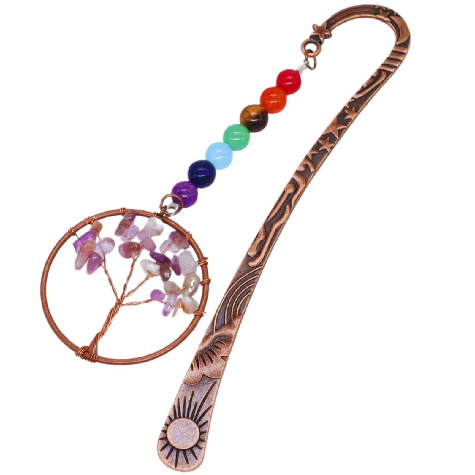  Semn de Carte cu Arborele Vietii si Cele 7 Chakre, Decorat cu Pietricele de Ametist - Un Cadou Spiritual Inedit