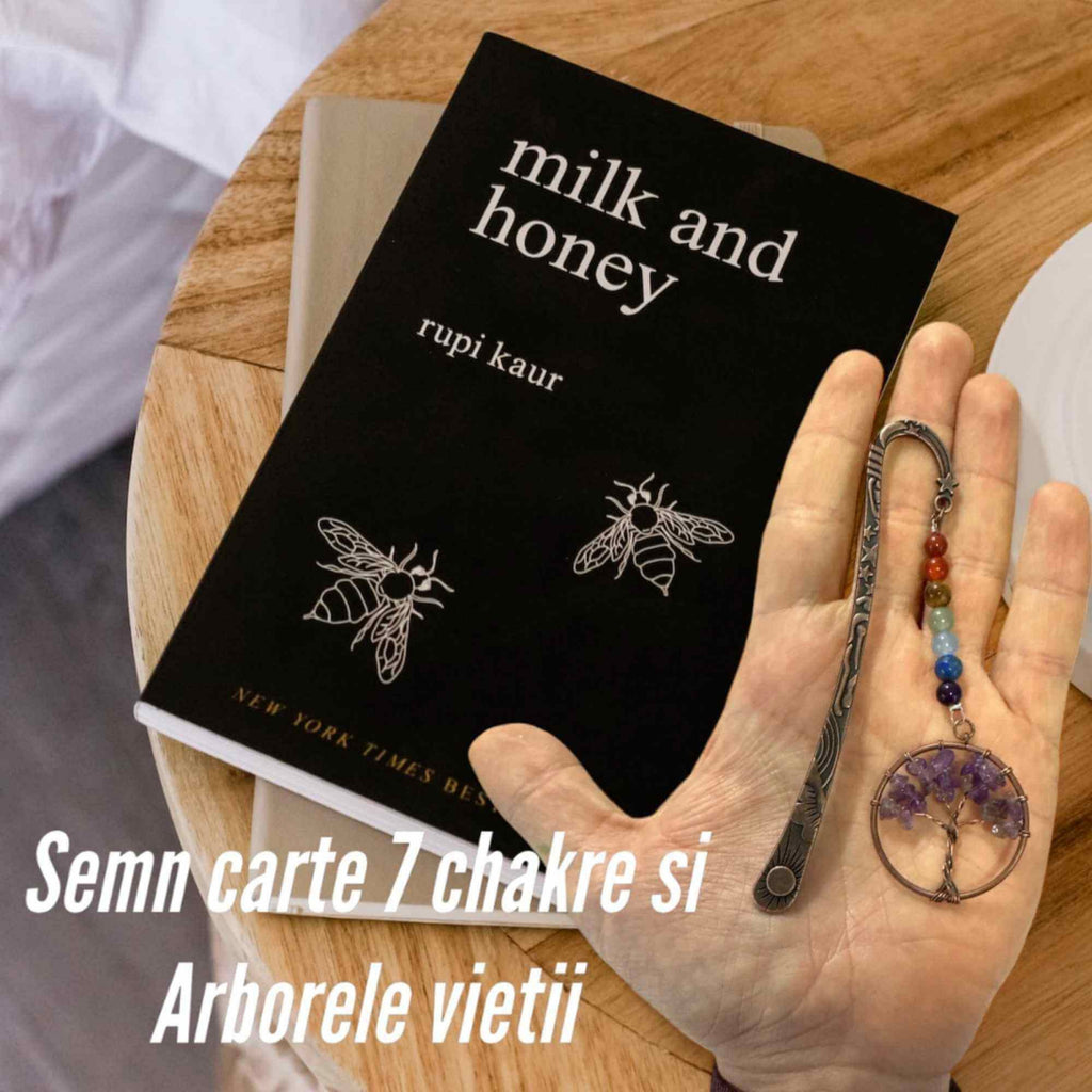  Semn de Carte cu Arborele Vietii si Cele 7 Chakre, Decorat cu Pietricele de Ametist - Un Cadou Spiritual Inedit