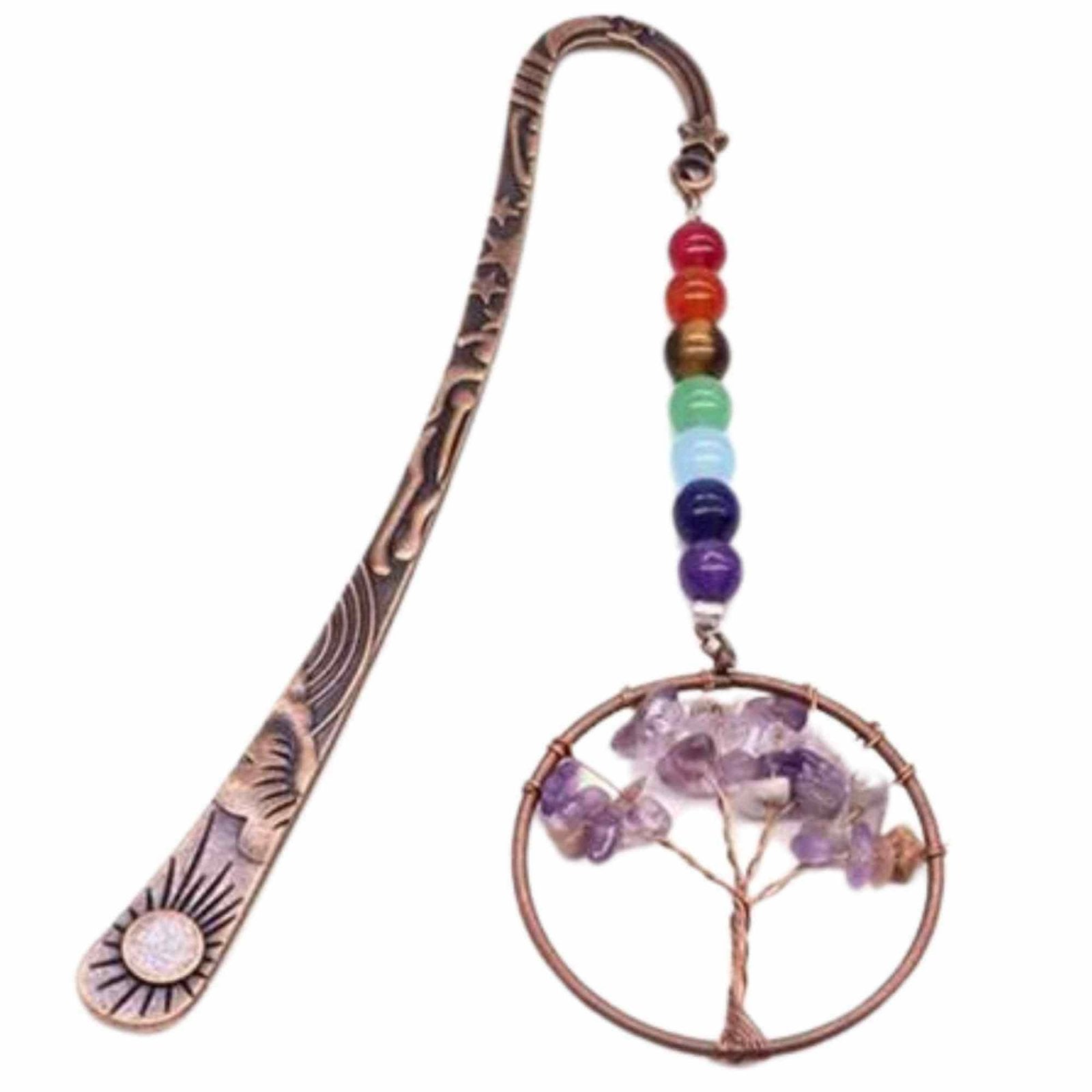  Semn de Carte cu Arborele Vietii si Cele 7 Chakre, Decorat cu Pietricele de Ametist - Un Cadou Spiritual Inedit