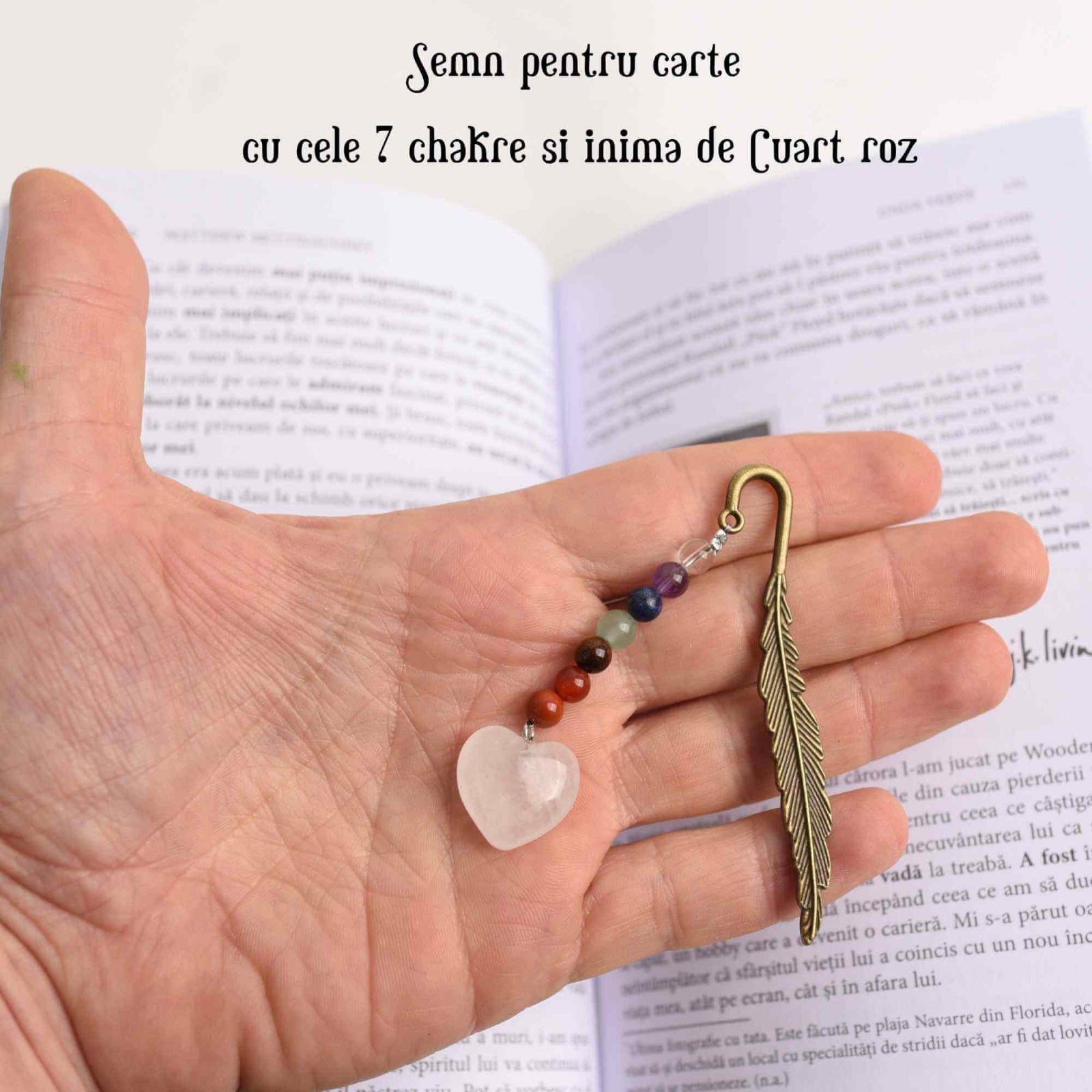 Semn de Carte Energetic cu Cele 7 Chakre si Inimioara din Cuart Roz - Cadoul Spiritual Ideal pentru Iubitorii de Carti