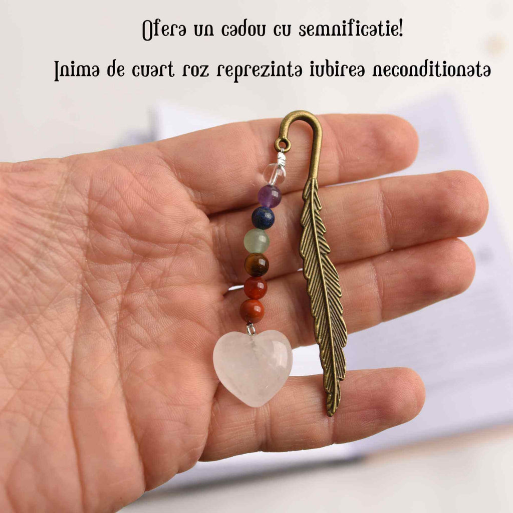 Semn de Carte Energetic cu Cele 7 Chakre si Inimioara din Cuart Roz - Cadoul Spiritual Ideal pentru Iubitorii de Carti