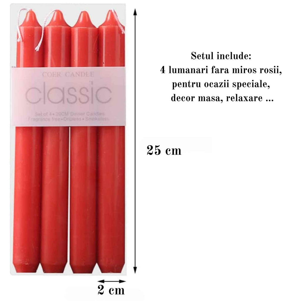 Set 4 Lumanari rosii drepte de 25 cm
