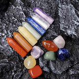 Mini Set cu 7 mini pietre semipretioase polisate si 7 cristale semipretioase hexagonale naturale - cristale vindecatoare pentru meditatie, ameliorarea anxietatii, yoga