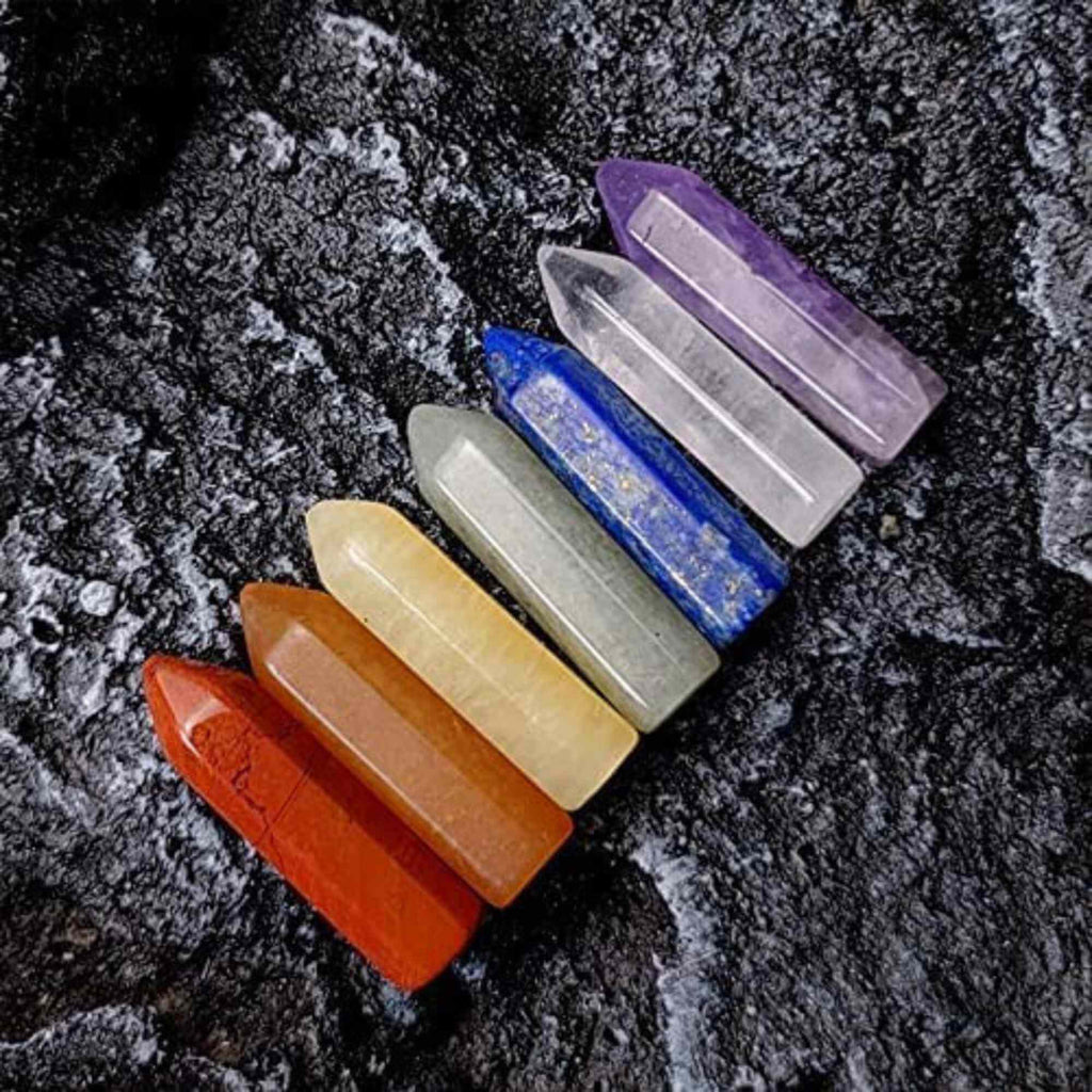 Mini Set cu 7 mini pietre semipretioase polisate si 7 cristale semipretioase hexagonale naturale - cristale vindecatoare pentru meditatie, ameliorarea anxietatii, yoga