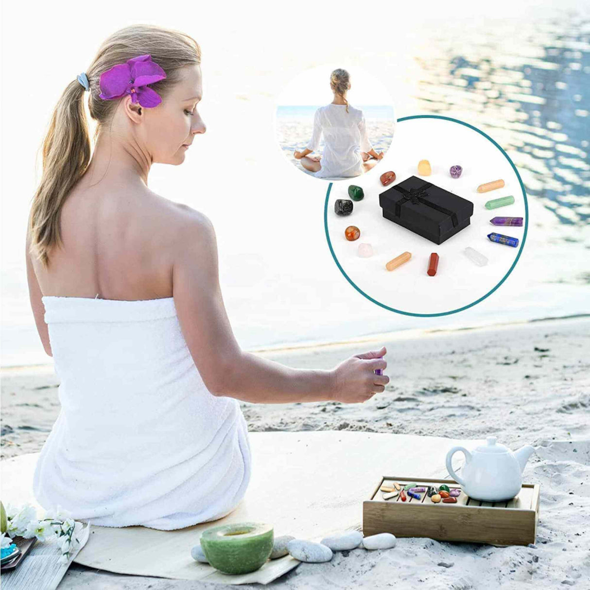 Mini Set cu 7 mini pietre semipretioase polisate si 7 cristale semipretioase hexagonale naturale - cristale vindecatoare pentru meditatie, ameliorarea anxietatii, yoga