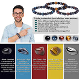 Set 3 Bratari cu Tripla Protectie, Bratara cu Margele de Cristal Vindecator de 8 mm, Bratara din Obsidian Hematit Ochi de Tigru Albastru Rosu pentru Femei si Barbati