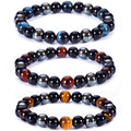 Set 3 Bratari cu Tripla Protectie, Bratara cu Margele de Cristal Vindecator de 8 mm, Bratara din Obsidian Hematit Ochi de Tigru Albastru Rosu pentru Femei si Barbati