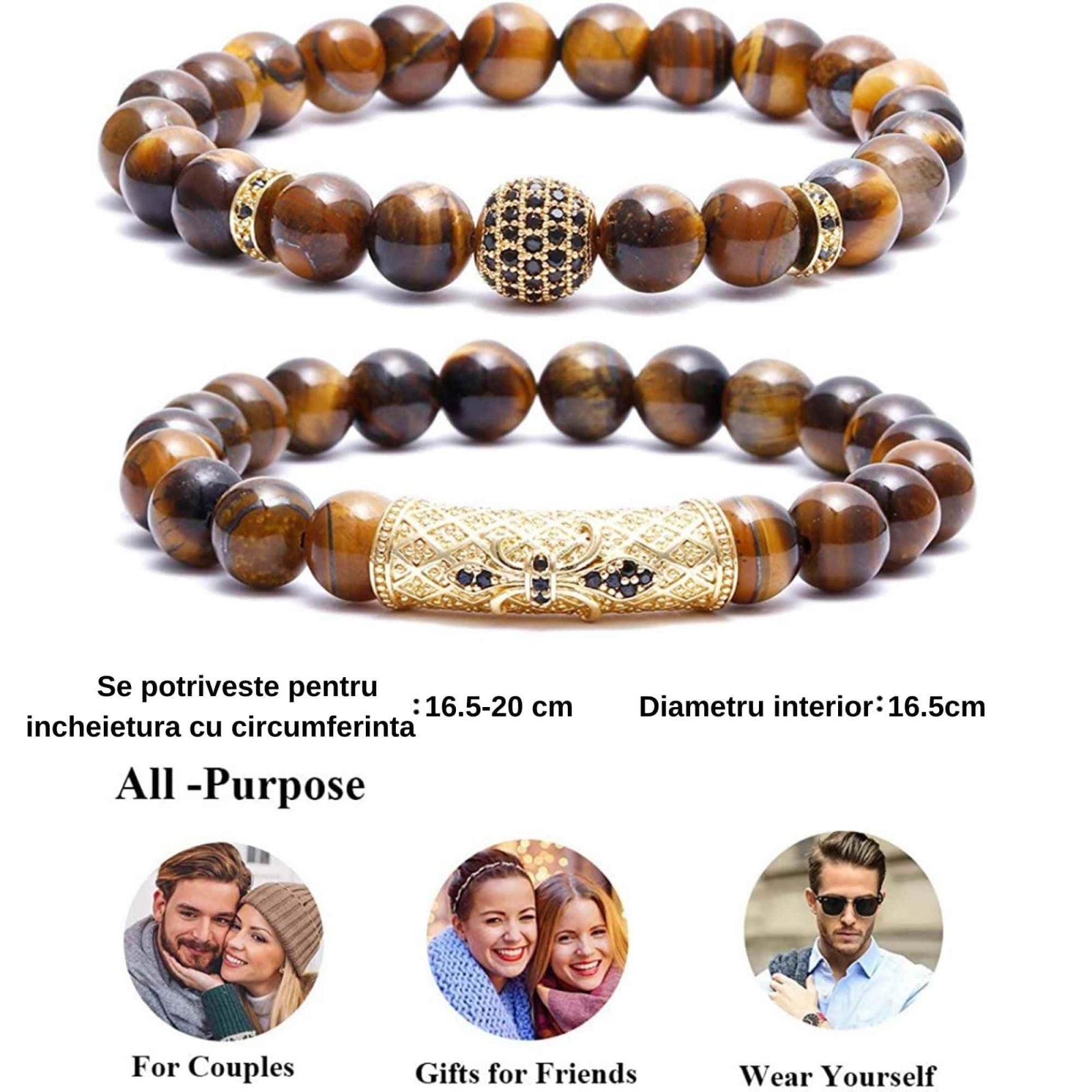 Set 2 Bratari elastice cu pietre semipretioase ochi de tigru de 8 mm – bratara pentru meditatie, yoga, reiki